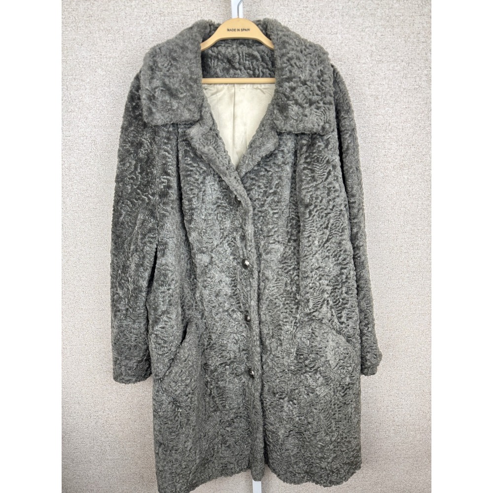 Susan Lynn Union Made Vintage Gray Faux Fur Coat Persian Lamb Astrakhan 60s 70s